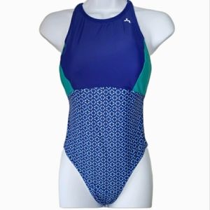 JoyLab Swimsuit Women’s One Piece Diamond Pattern Blue Green Size Small NWT